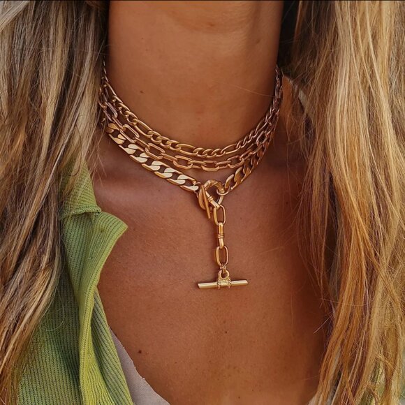 Gold Layered Chain Adjustable Choker Necklace O Ring T Bar - Picture 1 of 6